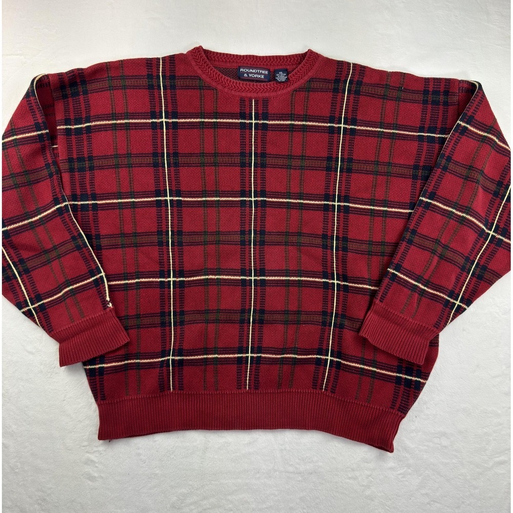 Roundtree & Yorke Sweater Mens 2XL Red Plaid Crew Neck Acrylic Pullover